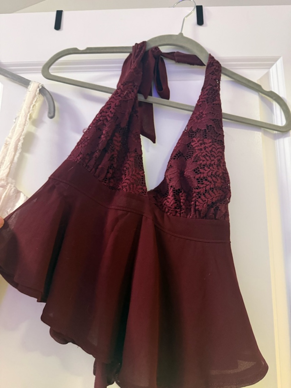 Windsor Burgundy Lace Halter Peplum Top